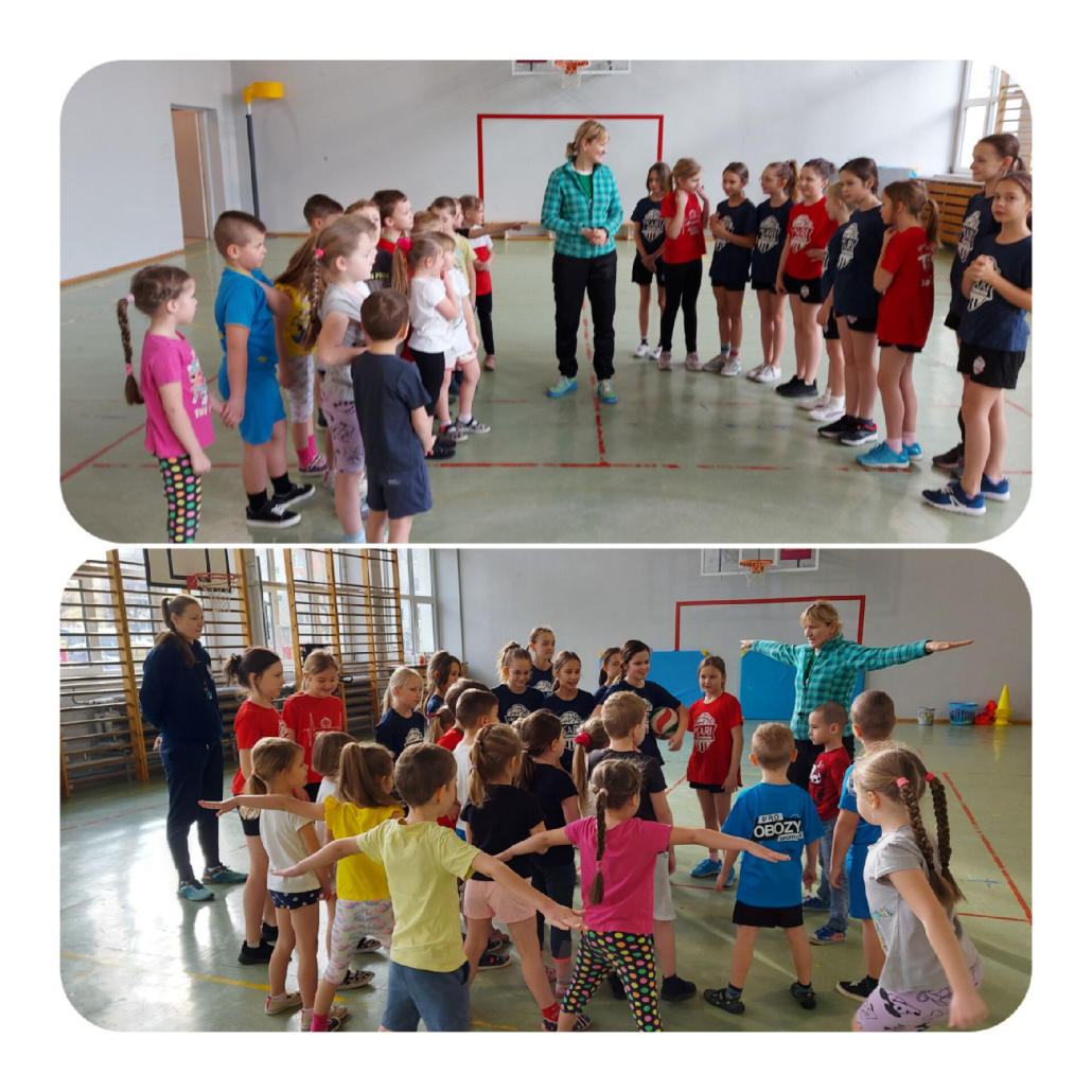 Na zdjęciu zajęcia sportowe dzieci z grupy Aniołki oraz dziewcząt z klasy IV sportowej wraz z Panią Hanną Zyg